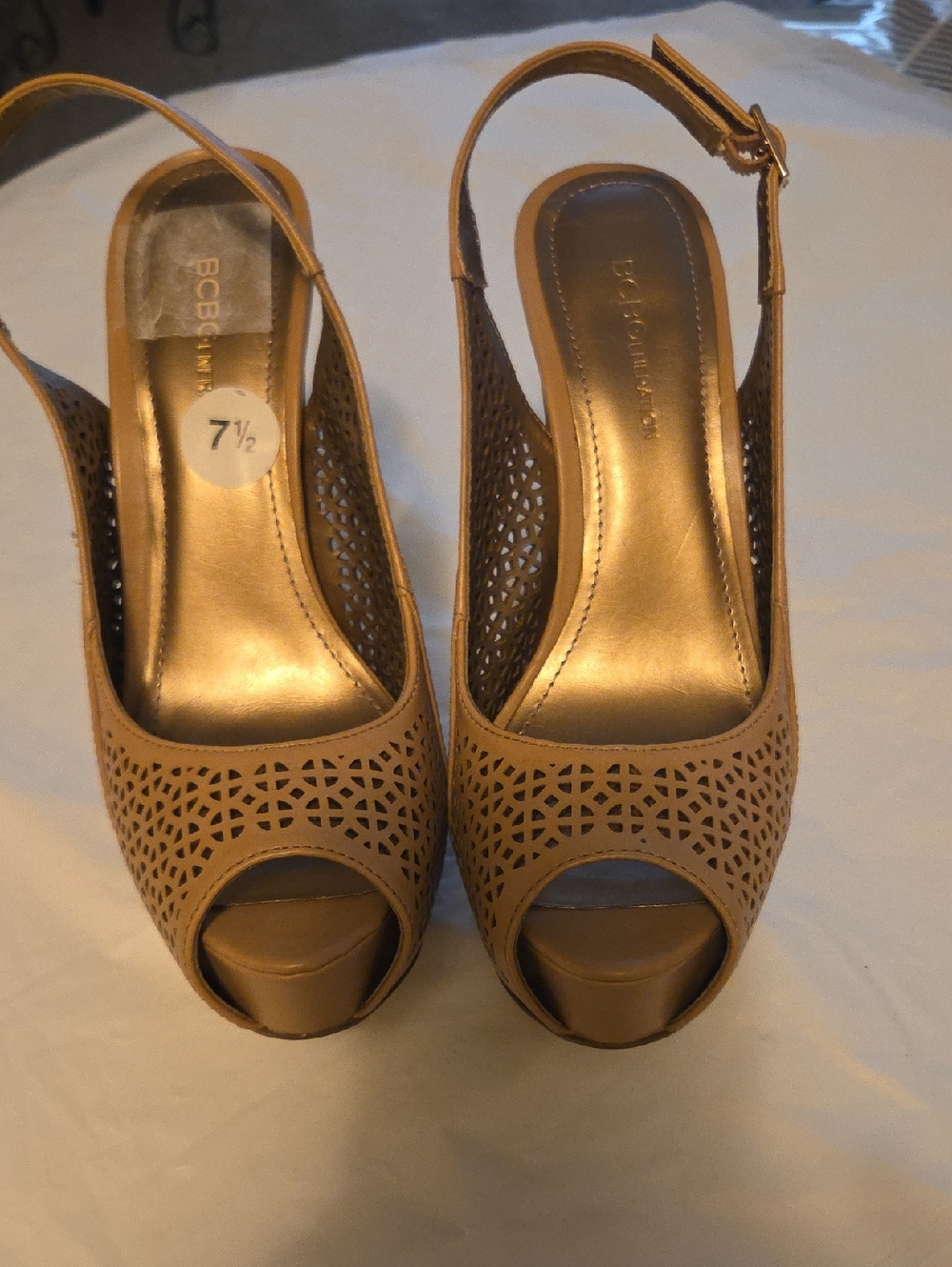 BCBG Tan Laser-Cut Peep-Toe Slingback Heels